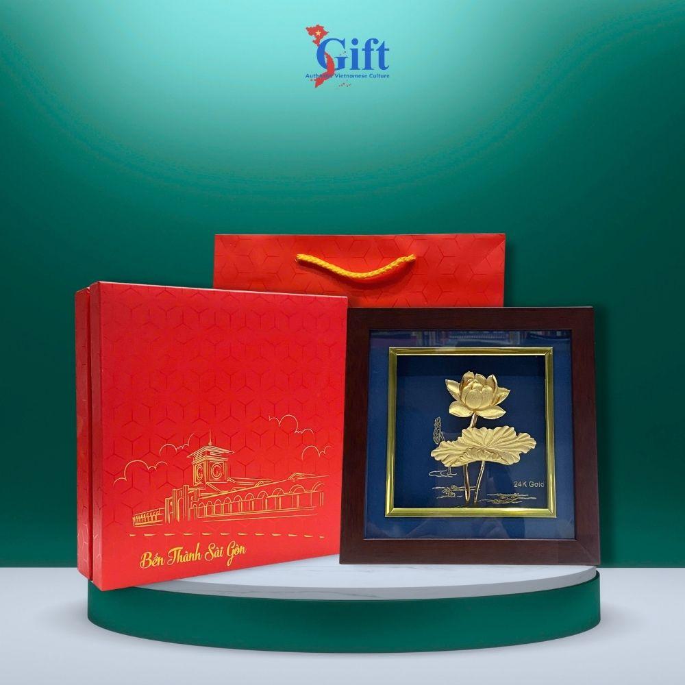 24K Gold-Plated Lotus Flower Brass Painting with Green Background for Desk SGMNVHD04.2