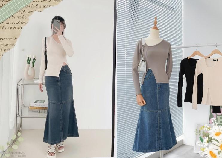 Chân váy bò dài mặc với áo gì? Gợi ý 20+ cách phối đồ chuẩn đẹp