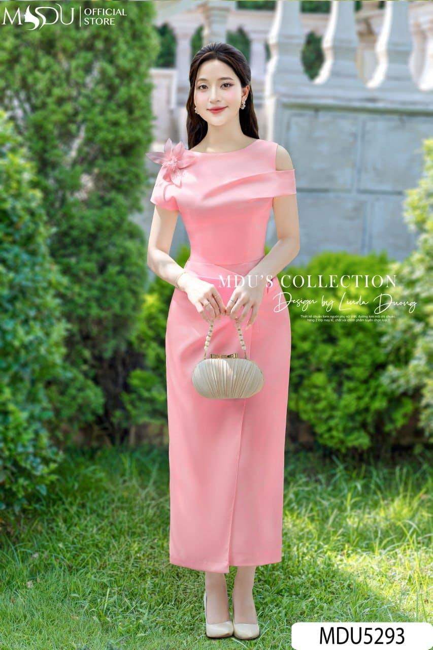 Váy Thiết Kế MDU5293 Lụa Twist Satin Vân Cao Cấp Dáng Suông Dài Hồng Pastel Ngọt Ngào Và Trẻ Trung