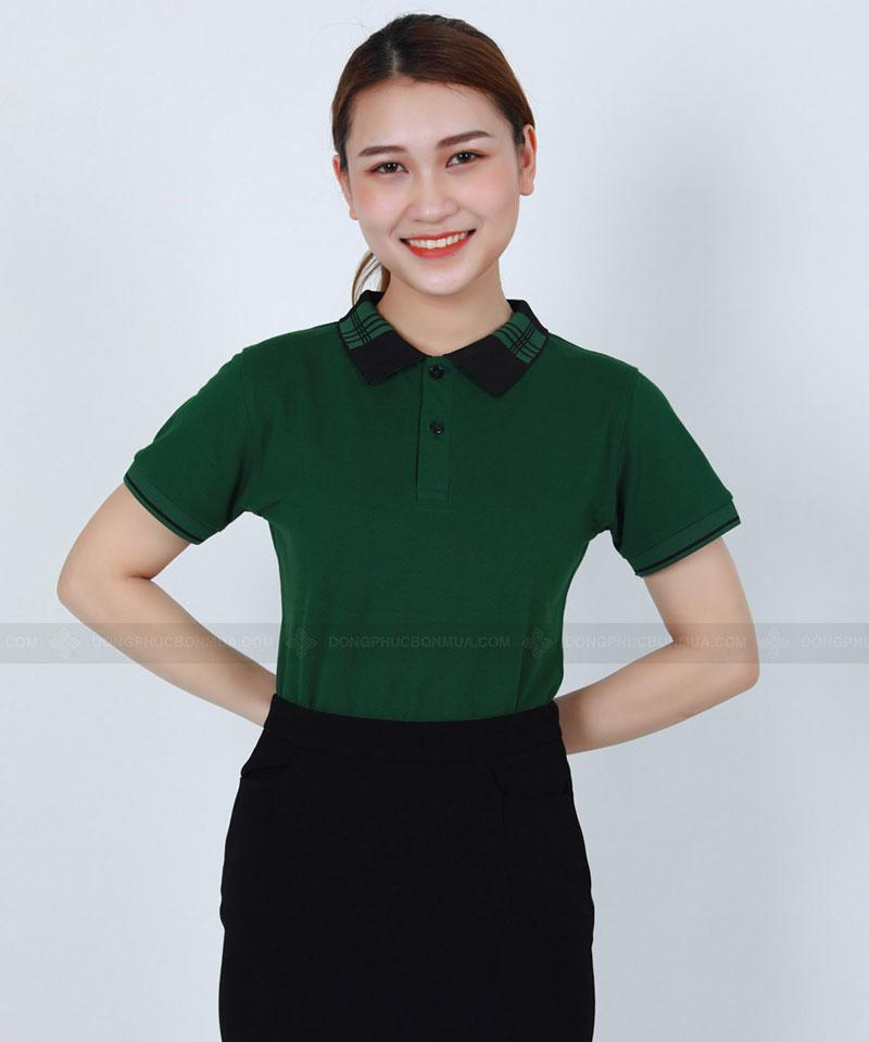 Đồng phục áo phông xanh lá phối cổ caro xanh đen