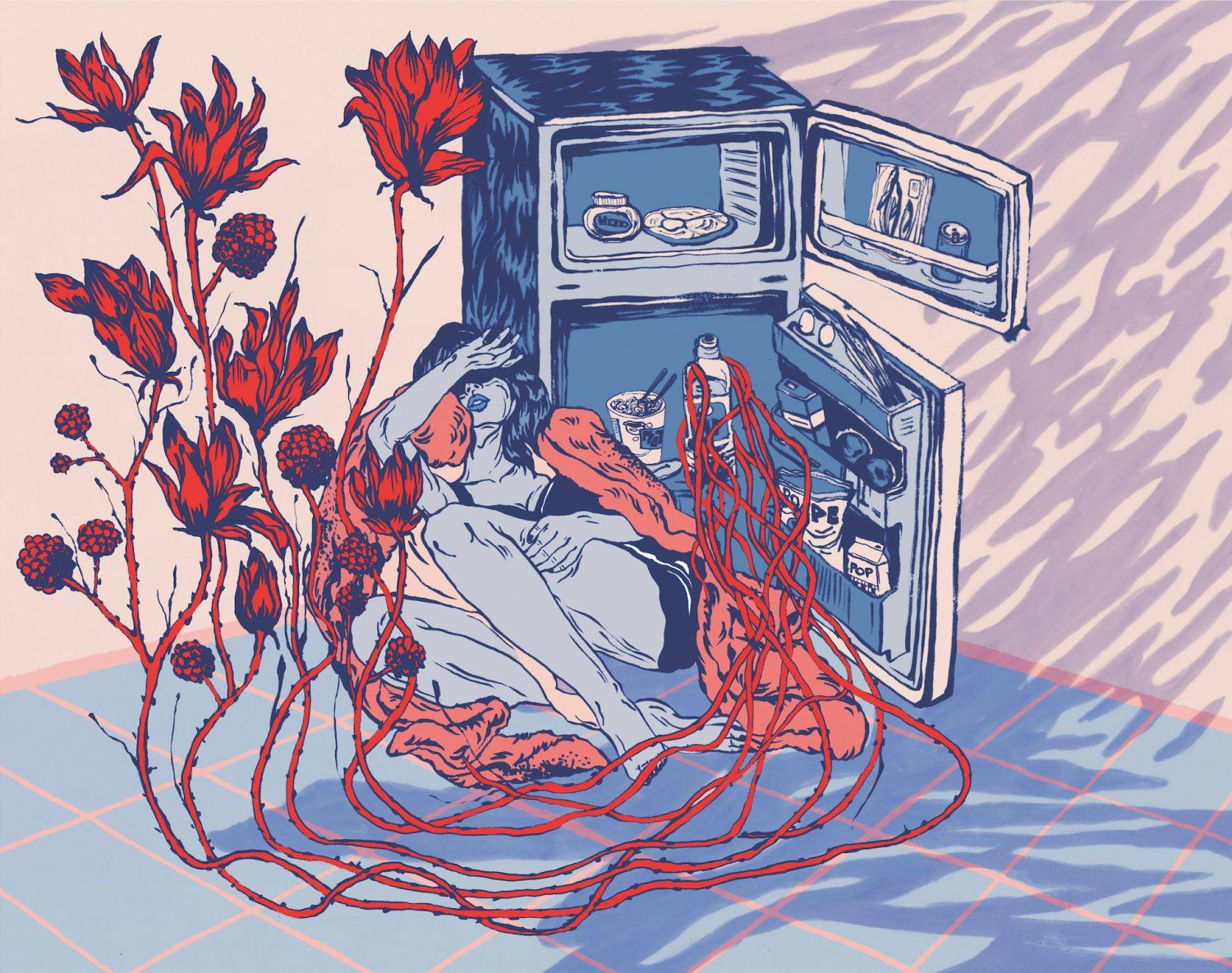 An illustration of a woman sitting on the floor in front of an open refrigerator, shielding her eyes. long, red tendrils are emerging from a bottle in the fridge and blooming into large, aggressive red flowers beside the woman