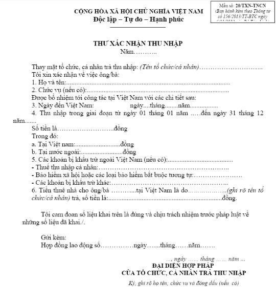 Thư xác nhận thu nhập mẫu 20/TXN-TNCN và cách lập chi tiết